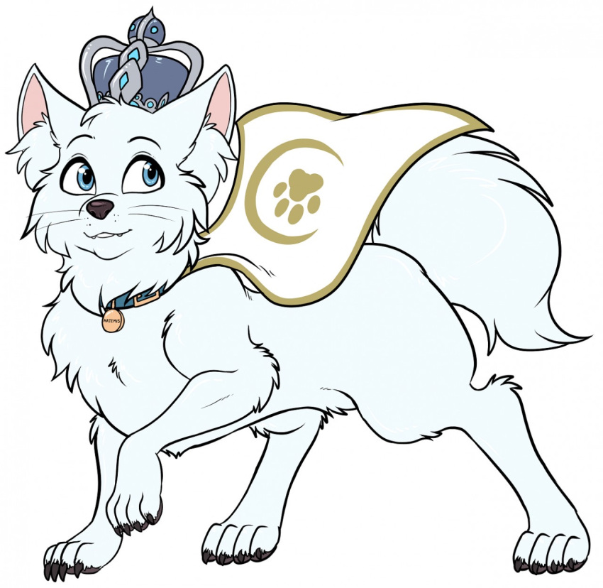 2019 4_legs artemis_(ermine) biped blue_eyes canid canine canis cape chest_fur chest_tuft claws clothing collar crown cute_fangs digital_media_(artwork) domestic_dog fangs feral fluffy fur hi_res looking_back male mammal one_leg_up paws pomeranian raised_leg royalty simple_background skidd smile solo spitz standing tail_tuft tuft tufted_ears tufted_fur whiskers white_background