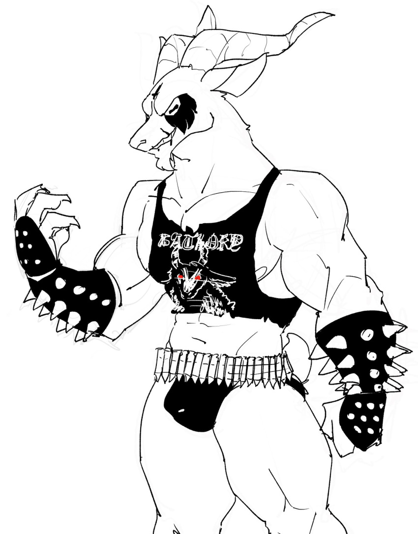 abs anthro artbyyellowdog biceps bovid bracelet bulge bullet_belt capreoline caprine cervid corpse_paint facial_hair goat goatee hi_res horn jewelry male mammal muscular muscular_anthro muscular_male pecs smile solo spiked_bracelet spikes