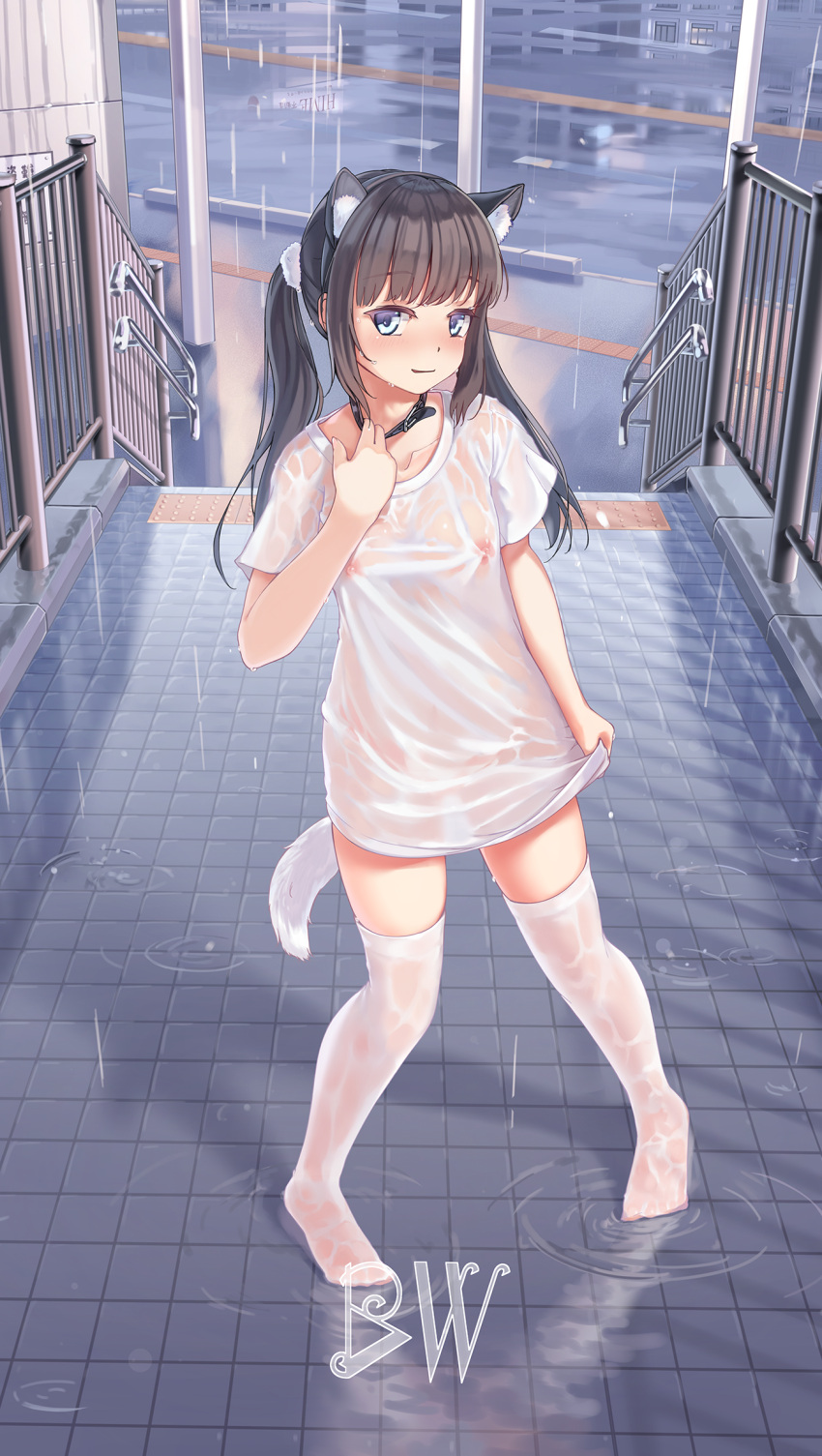 1girl animal_collar animal_ear_fluff animal_ears black_hair blush breasts cat_ears cat_tail collar commentary_request extra_ears fake_animal_ears fence full_body grin highres jcj0125 lane_line light_blue_eyes naked_shirt no_bra no_pants original rain road see-through see-through_shirt shirt shirt_hold small_breasts smile stairs street tail thighhighs twintails water wet wet_clothes wet_legwear wet_shirt white_legwear white_shirt