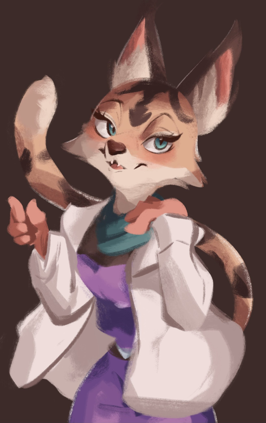 2021 anthro brown_background cheek_tuft clothed clothing facial_tuft felid feline female fully_clothed fur hi_res light lighting lynx mammal miyu_lynx nintendo portrait shaded simple_background smile solo standing star_fox three-quarter_portrait tohupo tuft video_games