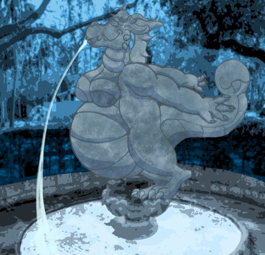 anthro breasts dragon female fountain frozen hi_res immobile objectified overbite overweight petrification photo_background plant pose rock scalie sculpture solo statue tail_maw transformation tree water watermark