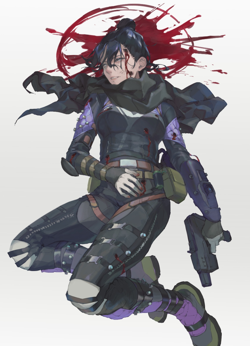 1girl alternator apex_legends black_bodysuit black_hair black_scarf blood blood_on_face bloody_clothes blue_eyes bodysuit breasts bullet_hole corpse death gloves grey_gloves gun hair_behind_ear hair_bun half-closed_eyes highres medium_breasts parted_lips renee_shika_egakan scarf solo submachine_gun weapon wraith_(apex_legends)