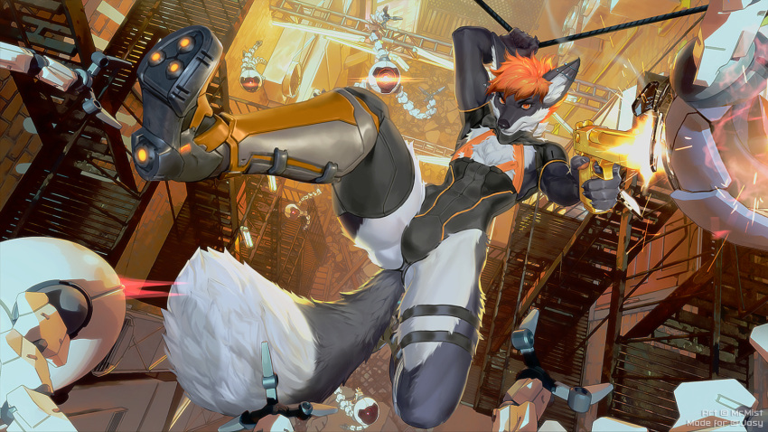16:9 2021 5_fingers anthro canid canine day detailed_background digital_media_(artwork) fingers fox gun hair hi_res holding_gun holding_object holding_weapon male mammal mr.mist orange_hair outside ranged_weapon solo weapon widescreen