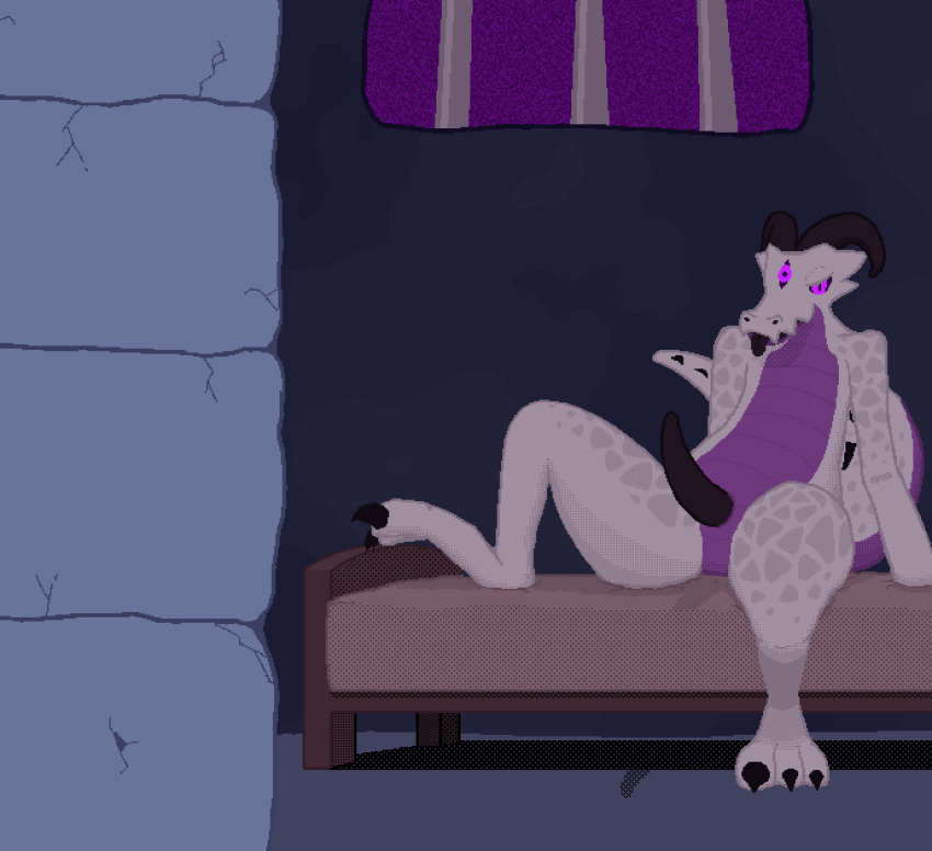 3_eyes animated anthro bedroom bedroom_eyes bedroom_setting black_claws black_horn black_penis black_tongue breath clawed_toes claws countershade_head countershade_torso countershading dialogue digital_media_(artwork) dithering door doorway genitals hi_res horn kobold male multi_eye multicolored_body narrowed_eyes nude panting penis pixel_(artwork) pixel_animation presenting purple_body purple_countershading purple_eyes savak scalie seductive short_playtime signature sitting sitting_on_bed snapps tail_spines tailwag text thick_thighs throbbing throbbing_penis tongue tongue_out two_tone_body white_body