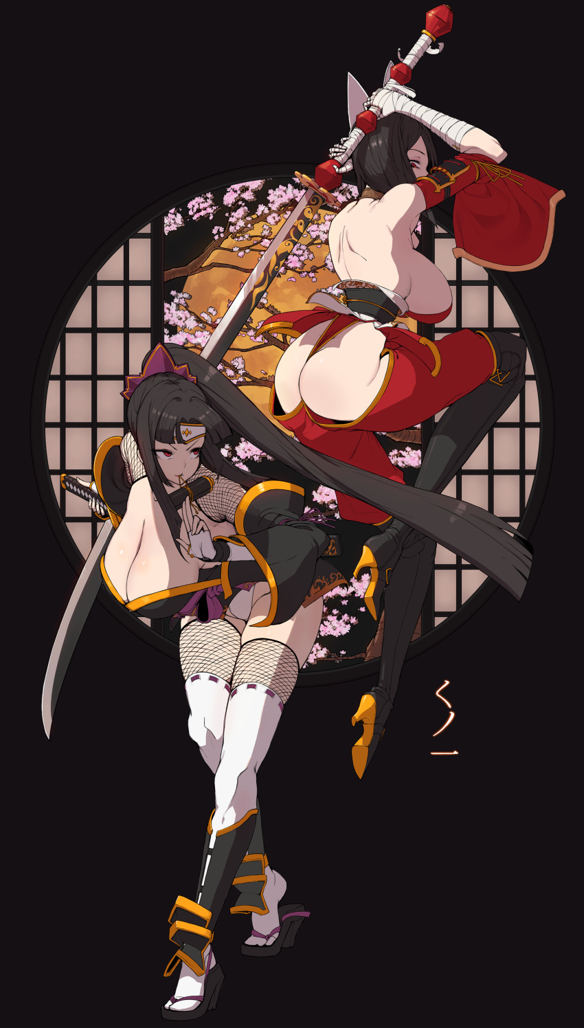 2girls absurdres ass bangs black_hair breasts cleavage deliciousmeatart fishnet_legwear fishnets full_body highres japanese_clothes katana kunoichi_kaen kunoichi_zero large_breasts last_origin long_hair multiple_girls ninja ootachi ponytail red_eyes short_hair siblings sideboob sisters sword thighhighs weapon white_legwear