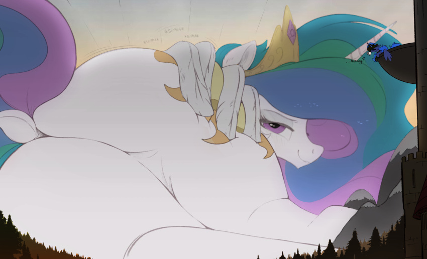 big_butt butt colored crown cup cutie_mark dialogue duo english_text equid equine female feral friendship_is_magic hasbro horn huge_butt larger_female looking_back lying macro mammal my_little_pony ncmares on_side plant princess_celestia_(mlp) princess_luna_(mlp) royalty sibling sister sisters size_difference spread_butt spreading text thick_thighs tree winged_unicorn wings