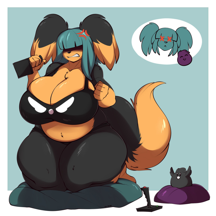 ambiguous_gender anthro avian bird breasts canid canine canis cleavage clothed clothing domestic_dog duo female gin-blade hair hi_res joystick mammal zoey_(jwinkz)