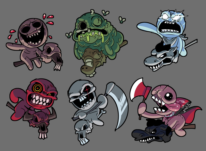 absurdres axe black_eyes blood bug conquest_(the_binding_of_isaac) crazy_eyes death_(the_binding_of_isaac) english_commentary famine_(the_binding_of_isaac) fly full_body glowing glowing_eyes grey_background headless_horseman_(the_binding_of_isaac) highres holding holding_axe holding_scythe holding_weapon horse horse_mask insect looking_at_viewer no_eyes one_eye_closed pestilence_(the_binding_of_isaac) red_eyes scythe sharp_teeth simple_background sr_pelo teeth the_binding_of_isaac tongue war_(the_binding_of_isaac) weapon