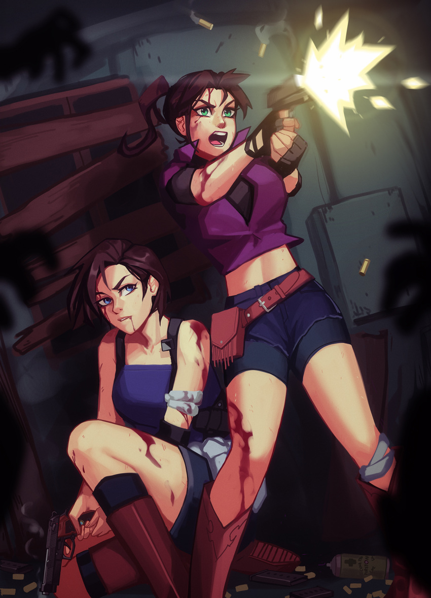 2girls belt bike_shorts blue_eyes breasts brown_hair claire_redfield cleavage commission denim fingerless_gloves gloves gun handgun highres holding jacket jill_valentine long_hair looking_at_viewer multiple_girls ponytail qt0ri resident_evil resident_evil_2 resident_evil_3 short_hair simple_background skirt weapon