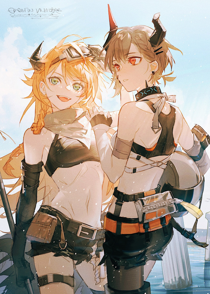 2girls :d arknights bandana bandeau bangs bare_shoulders belt black_choker black_gloves black_shorts blue_sky choker cloud cowboy_shot croissant_(arknights) croissant_(seeker)_(arknights) day elbow_gloves from_behind gloves goggles goggles_on_head green_eyes grey_hair hair_ornament hairclip head_tilt highres horns infection_monitor_(arknights) long_hair looking_at_viewer midriff multiple_girls navel nunok open_mouth orange_hair oripathy_lesion_(arknights) parted_lips pouch red_eyes short_shorts shorts sky smile standing stomach thigh_strap thighs vulcan_(arknights)