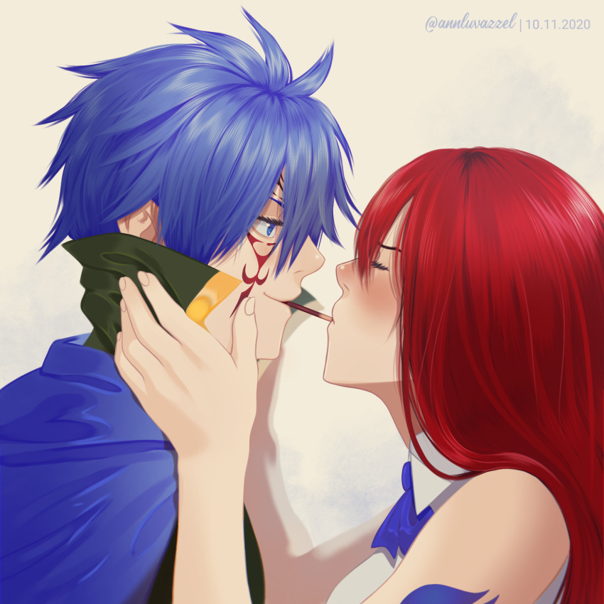1boy 1girl annlu_vazzel arm_tattoo artist_name blue_bow blue_eyes blue_hair blush bow bowtie closed_eyes couple dated english_commentary erza_scarlet facing_another fairy_tail food from_side hand_on_another's_face hand_up hetero highres jellal_fernandes long_hair looking_at_another pocky pocky_day profile red_hair shared_food short_hair tattoo upper_body