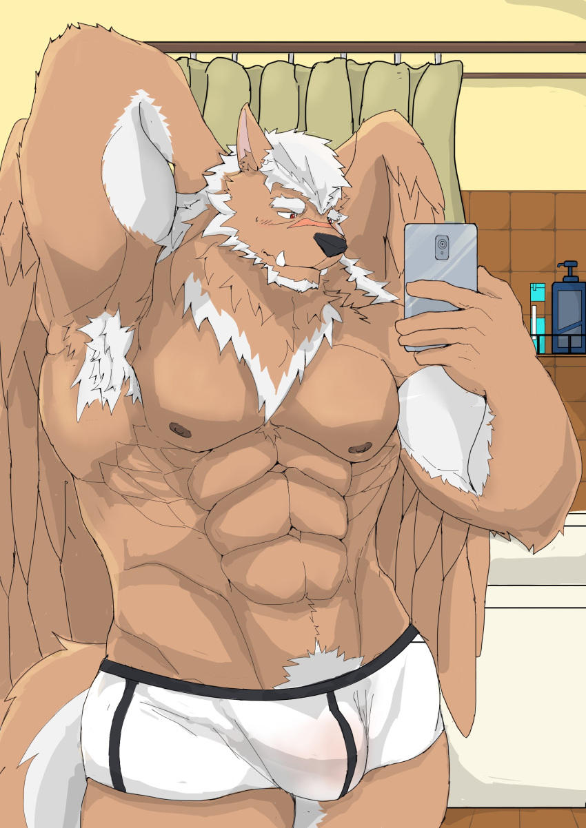 abs absurd_res anthro barely_visible_genitalia barely_visible_penis canid canine canis cellphone clothing genitals hi_res male mammal marchosias_(tas) muscular muscular_anthro muscular_male nipples pecs penis phone selfie smartphone solo tokyo_afterschool_summoners translucent translucent_clothing underwear vhb3art vhubnh3 video_games wings wolf