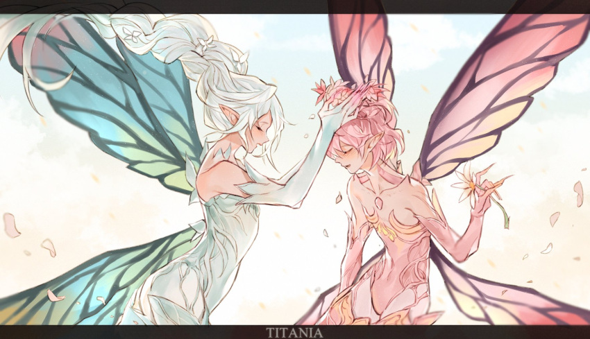 2others bangs blush braid closed_eyes eyebrows_visible_through_hair fairy fairy_wings final_fantasy final_fantasy_xiv flat_chest flower from_side hair_flower hair_ornament head_wreath highres holding holding_flower letterboxed multiple_others petals pink_hair pointy_ears smile thighhighs titania_(final_fantasy) tladpwl03 tyr_beq white_hair wind wings