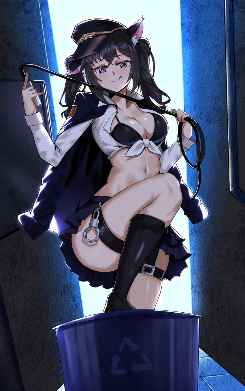 1girl :q animal_ears ass bikini bikini_top black_bikini black_coat black_footwear black_hair black_headwear black_skirt boots breasts cleavage closed_mouth coat coat_on_shoulders collared_shirt commission crop_top framed_breasts front-tie_top hat highres holding knee_boots large_breasts lasso leg_up long_hair long_sleeves looking_at_viewer midriff miniskirt navel original peaked_cap pleated_skirt purple_eyes shirt skirt smile solo stomach string_bikini swimsuit thigh_strap thighs tongue tongue_out trash_can twintails twomoon white_shirt