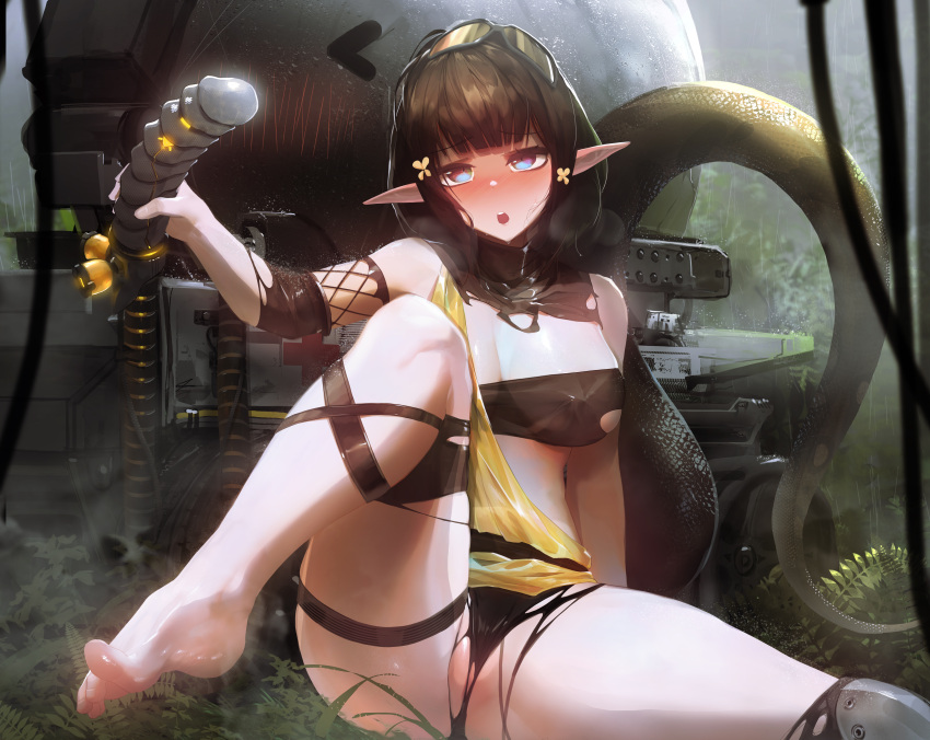 arknights erect_nipples eunectes_(arknights) garter mo_ne no_bra nopan pointed_ears see_through tail torn_clothes