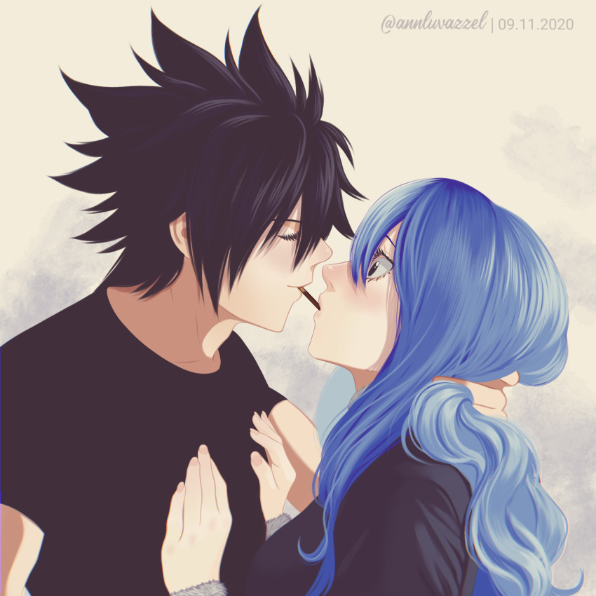 1boy 1girl annlu_vazzel artist_name bangs black_hair black_shirt black_sweater blue_eyes blue_hair breasts closed_eyes couple dated english_commentary facing_another fairy_tail food gray_fullbuster hand_on_another's_neck hetero highres juvia_lockser large_breasts long_hair looking_at_another pocky pocky_day pocky_kiss shirt smile spiked_hair sweater