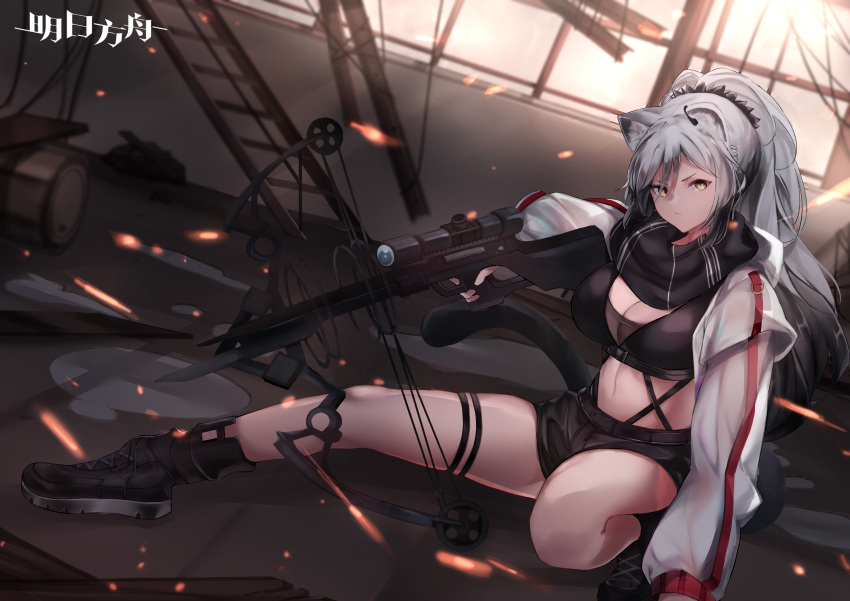 1girl absurdres animal_ears arknights bangs bare_legs bayonet black_footwear black_scarf black_shorts boots bow_(weapon) breasts cat_ears cat_tail cleavage commentary copyright_name crop_top crossbow highres holding holding_bow_(weapon) holding_weapon indoors jacket large_breasts long_hair long_sleeves looking_at_viewer midriff navel open_clothes open_jacket scarf schwarz_(arknights) short_shorts shorts silver_hair solo stomach tail thigh_strap thighs weapon white_jacket yellow_eyes yujieai