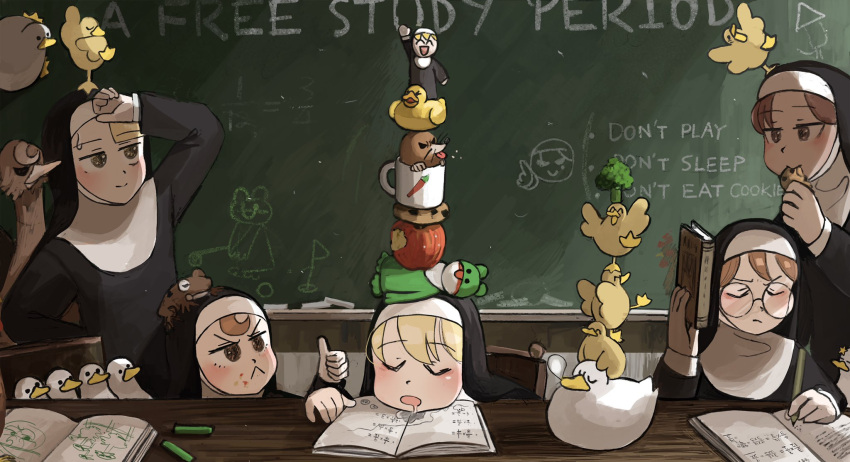 5girls :&lt; ^_^ animal_on_head animal_tower apple balancing bird bird_on_head bite_mark blonde_hair book broccoli brown_eyes brown_hair catholic chair chalk chalkboard character_doll chicken chocolate_chip_cookie clinging closed_eyes coffee_mug commentary cookie covering cup desk diva_(hyxpk) doll doodle drawing drooling duck duckling eating english_commentary food food_on_face frog frown fruit habit hand_on_hip highres holding holding_book in_container in_cup left-handed little_nun_(diva) mole_(animal) mug multiple_girls nose_bubble notebook nun on_head open_mouth ostrich out_of_frame red_eyes red_hair sleeping smile spread_wings stack standing standing_on_one_leg star_(symbol) studying sweat thumbs_up tongue tongue_out u_u wiping_sweat writing yellow_eyes