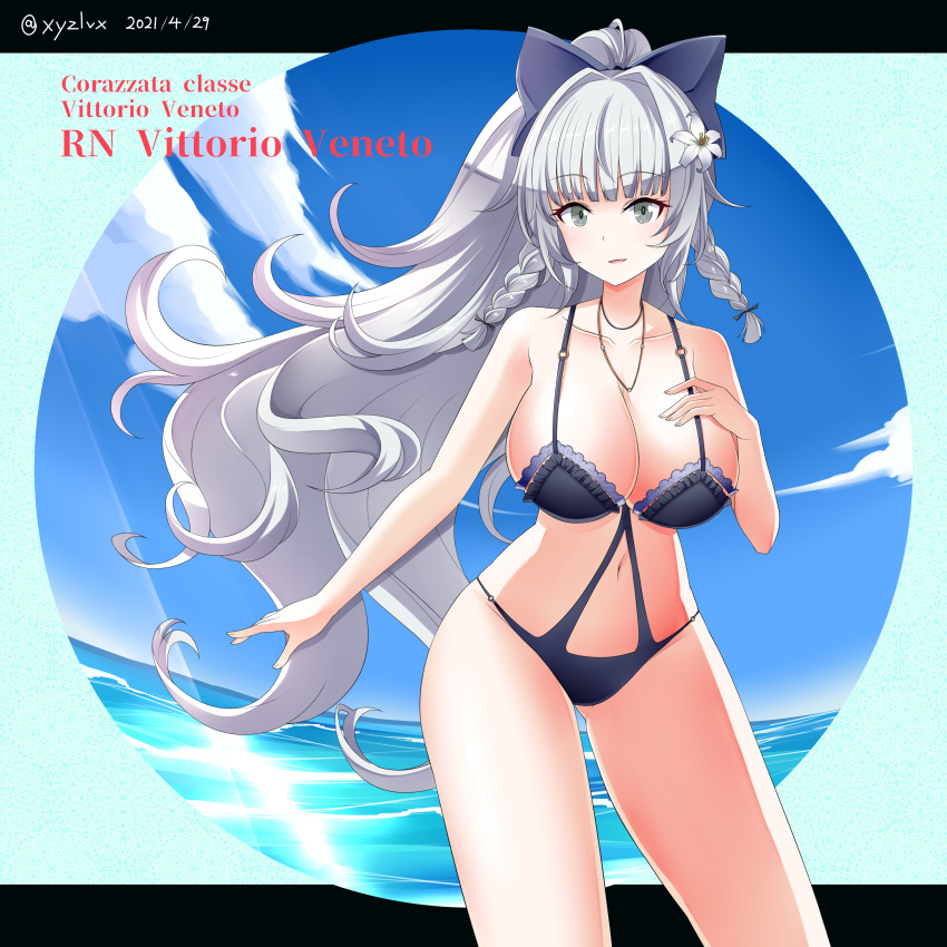 1girl absurdres azur_lane bangs black_swimsuit braid breasts character_name cleavage collarbone dated eyebrows_visible_through_hair flower hair_flower hair_ornament hebitsukai-san high_ponytail highres jewelry large_breasts long_hair looking_at_viewer navel necklace official_alternate_costume purple_swimsuit silver_eyes silver_hair solo swimsuit twin_braids twitter_username vittorio_veneto_(azur_lane) vittorio_veneto_(the_flower_of_la_spezia)_(azur_lane) white_flower