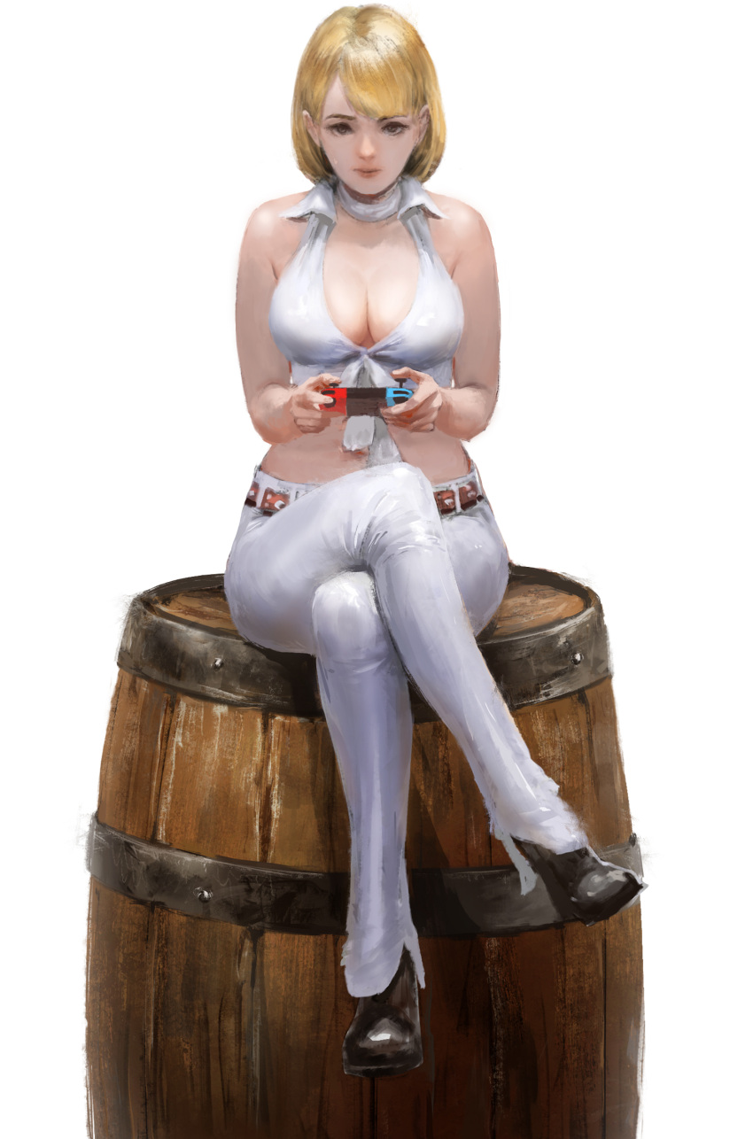 1girl 9chan ashley_graham barrel belt black_footwear bob_cut boots breasts brown_eyes choker cleavage collared_shirt commentary_request crossed_legs curtained_hair curvy front-tie_top full_body handheld_game_console highres holding holding_handheld_game_console large_breasts looking_at_viewer midriff navel nintendo_switch official_alternate_costume pants playing_games resident_evil resident_evil_4 shirt short_hair sitting sleeveless sleeveless_shirt solo tight tight_pants white_background white_choker white_pants white_shirt wide_hips