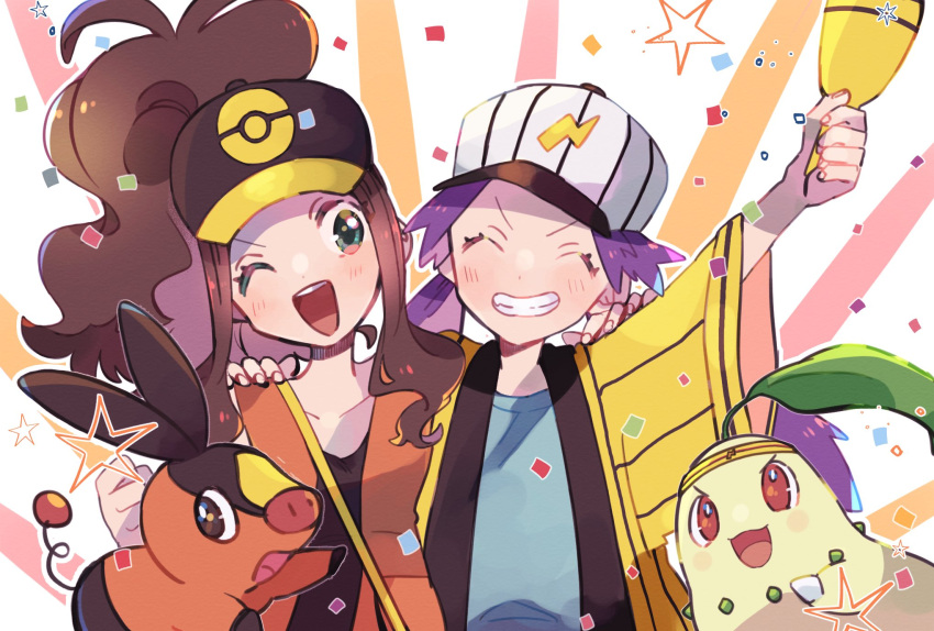 2girls ;d antenna_hair arm_up bag baseball_cap blush brown_hair brown_shirt casey_(pokemon) chikorita clenched_hand closed_eyes collarbone commentary_request confetti eyelashes gen_2_pokemon gen_5_pokemon grin hat high_ponytail highres hilda_(pokemon) holding jacket long_hair multiple_girls ohds101 one_eye_closed open_mouth orange_vest pokemon pokemon_(anime) pokemon_(classic_anime) pokemon_(creature) pokemon_(game) pokemon_masters_ex purple_hair shirt shoulder_bag sidelocks smile star_(symbol) tepig tongue twintails upper_teeth v-shaped_eyebrows vest white_headwear yellow_jacket