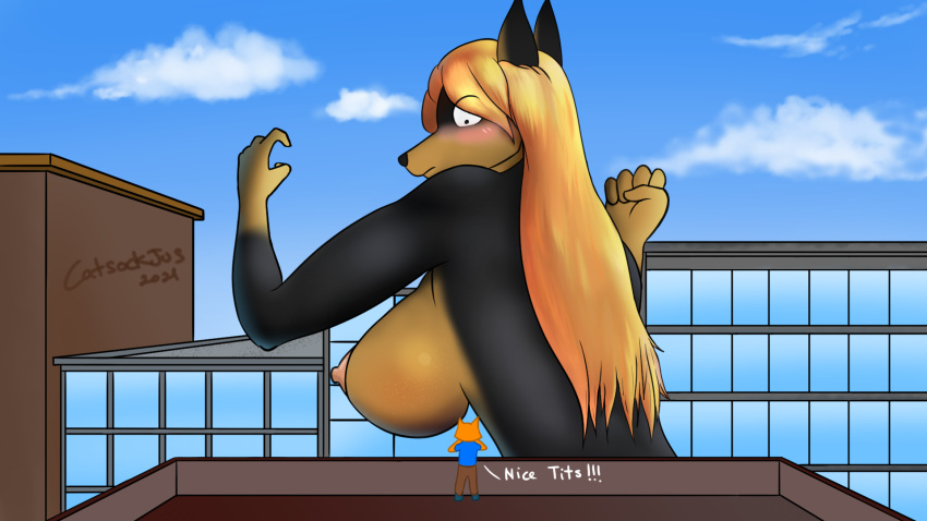 16:9 anthro black_body blonde_hair blue_sky blush breasts brown_body brown_hands building canid canine canis catsockjus city city_background clenched_fists cloud dialogue dobermann domestic_dog female hair hi_res humor looking_down male male/female mammal nipples pinscher sky solo wallpaper widescreen