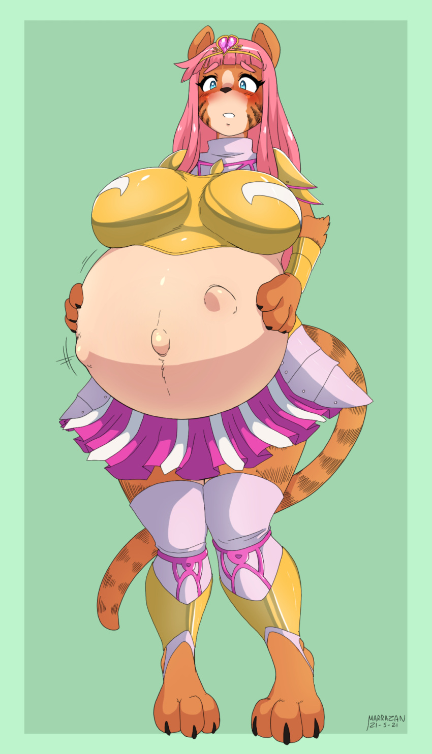 anthro belly big_belly big_breasts blush breasts felid female hi_res mammal marrazan pantherine pregnant solo tiger unborn_kicking