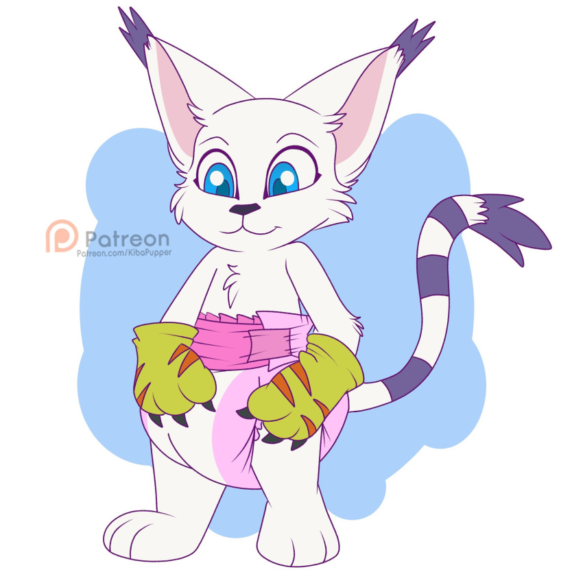 ambiguous_gender anthro bandai_namco claws clothing diaper digimon digimon_(species) domestic_cat felid feline felis gatomon gloves hand_on_diaper handwear hi_res looking_down mammal paws sararoo simple_background smile solo standing touching_diaper watermark