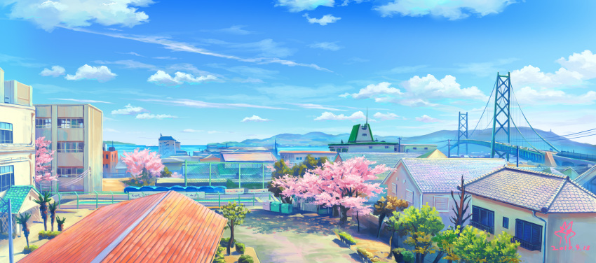 absurdres artist_logo blue_sky bridge building chain-link_fence cherry_blossoms cloud commentary_request dated day dumpster fence highres hill house no_humans original outdoors pool scenery sky spring_(season) toufu_(inu_no_mayuge) town tree