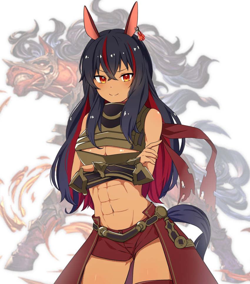 1girl abs animal_ears arm_guards armor artist_request bangs barding black_hair breastplate breasts colored_inner_hair colored_skin commentary_request crossed_arms dark_skin earrings eyebrows_visible_through_hair granblue_fantasy hair_between_eyes highres horse horse_ears horse_girl horse_tail jewelry long_hair looking_at_viewer medium_breasts multicolored_hair personification red_hair red_hare_(granblue_fantasy) red_shorts red_skin short_shorts shorts sidelocks solo streaked_hair tagme tail umamusume white_background