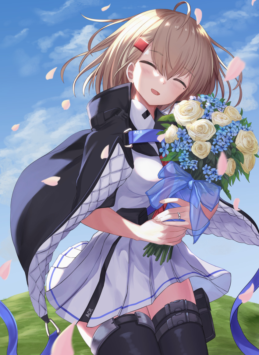 1girl acr_(girls_frontline) ahoge akabane_hibame blonde_hair bouquet character_name check_commentary closed_eyes commentary commentary_request commission cowboy_shot flower girls_frontline hair_ornament hairclip highres holding holding_bouquet jewelry long_hair mole mole_under_eye open_mouth petals ring skeb_commission sky solo thighhighs wedding_band