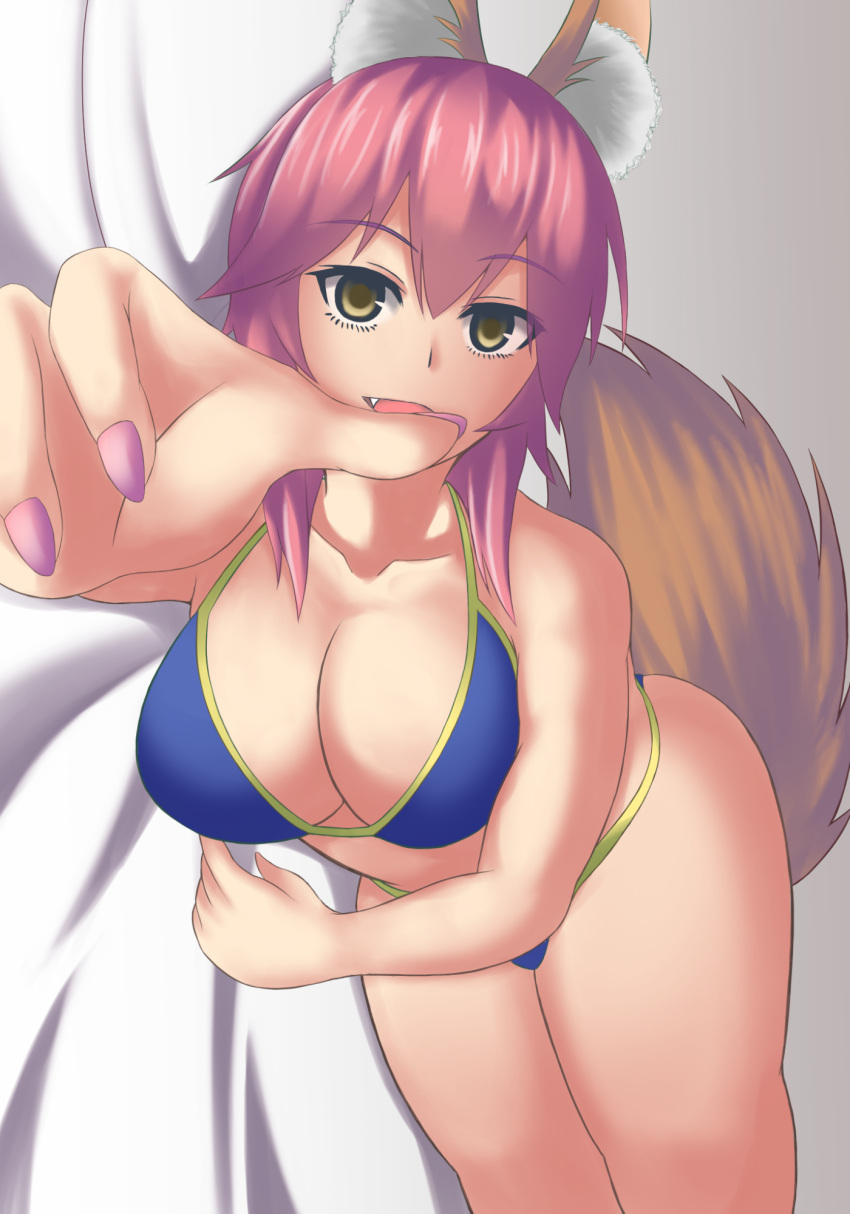 1girl animal_ear_fluff animal_ears artist_request bikini blue_bikini breasts cleavage collarbone eyebrows_visible_through_hair fang fate/grand_order fate_(series) fox_ears fox_girl fox_tail highres large_breasts looking_at_viewer lying nail_polish on_side open_mouth pink_hair side-tie_bikini solo swimsuit tail tamamo_(fate)_(all) tamamo_no_mae_(swimsuit_lancer)_(fate) yellow_eyes