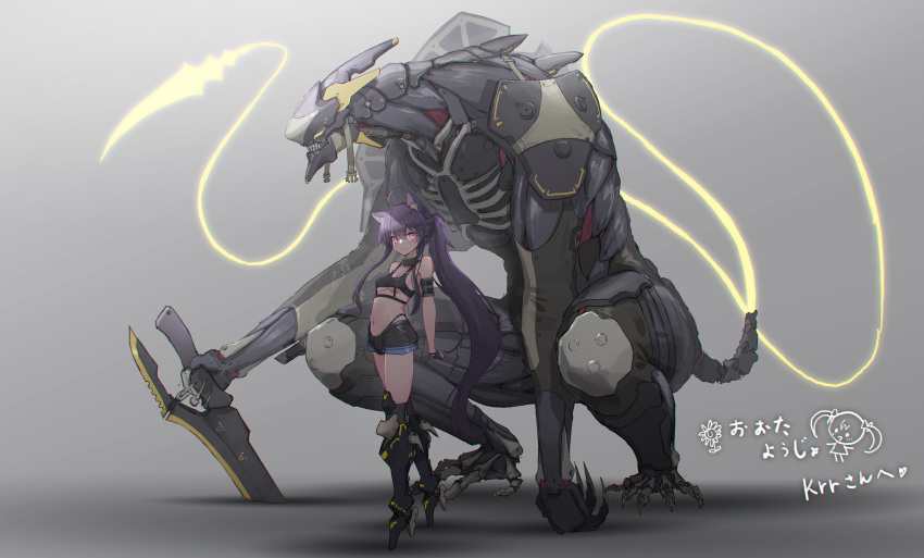 1girl absurdres ahoge animal_collar animal_ear_fluff animal_ears armband armor artist_name bare_shoulders breasts buckle claws collar commentary cyborg exposed_muscle fingerless_gloves full_body gloves gradient gradient_background highres holding holding_sword holding_weapon knee_pads long_hair mecha_musume mechanical_legs monster oota_youjo original planted_sword planted_weapon ponytail purple_eyes purple_hair shadow shorts shoulder_armor squatting standing stomach sword tail underboob very_long_hair weapon yellow_eyes