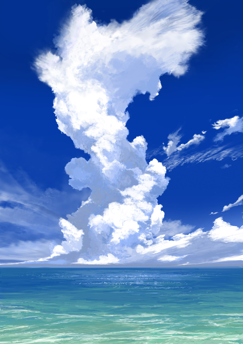 absurdres blue_sky blur cloud cloud_focus cloudy_sky commentary_request derivative_work highres horizon light multicolored nature no_humans ocean pajaman reflective_water scenery sky summer sunlight water wind