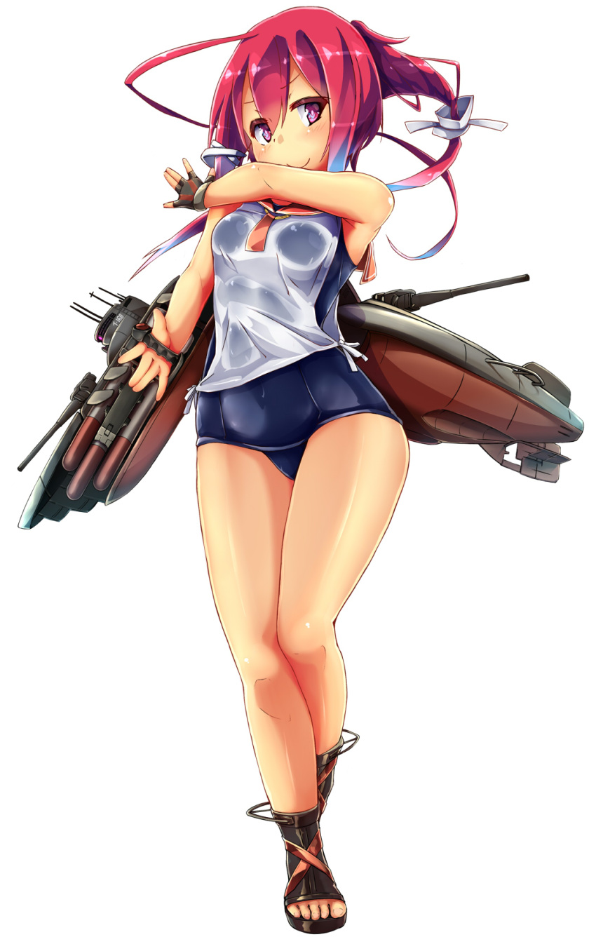 1girl blue_swimsuit brown_gloves commentary_request fingerless_gloves full_body gloves highres i-168_(kancolle) kantai_collection long_hair looking_at_viewer machinery orange_sailor_collar ponytail red_eyes red_hair sailor_collar sandals school_swimsuit school_uniform side-tie_shirt simple_background sleeveless solo standing swimsuit unomi white_background