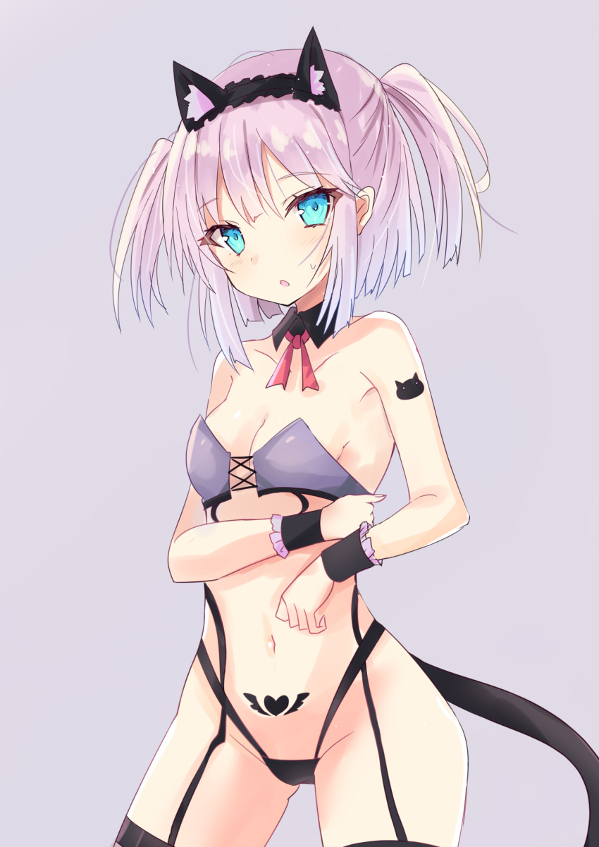 1girl animal_ear_fluff animal_ears bangs bare_shoulders black_collar black_legwear black_panties blue_eyes blush breasts cat_ears chiyoda_momo cleavage collar collarbone commentary_request detached_collar eyebrows_visible_through_hair fake_animal_ears groin heart highleg highleg_panties highres hizaka looking_at_viewer machikado_mazoku medium_breasts navel panties parted_lips pink_hair pubic_tattoo solo sweat tail tattoo thighhighs two_side_up underwear wing_collar wrist_cuffs