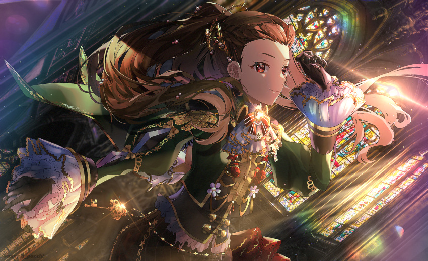 1girl black_gloves bow brown_hair cathedral cravat dutch_angle epaulettes gloves hair_ornament hand_up highres idolmaster idolmaster_cinderella_girls idolmaster_cinderella_girls_starlight_stage indoors key long_hair long_sleeves mumei_ponchi puffy_long_sleeves puffy_sleeves red_bow red_eyes seki_hiromi smile solo stained_glass standing sunlight window