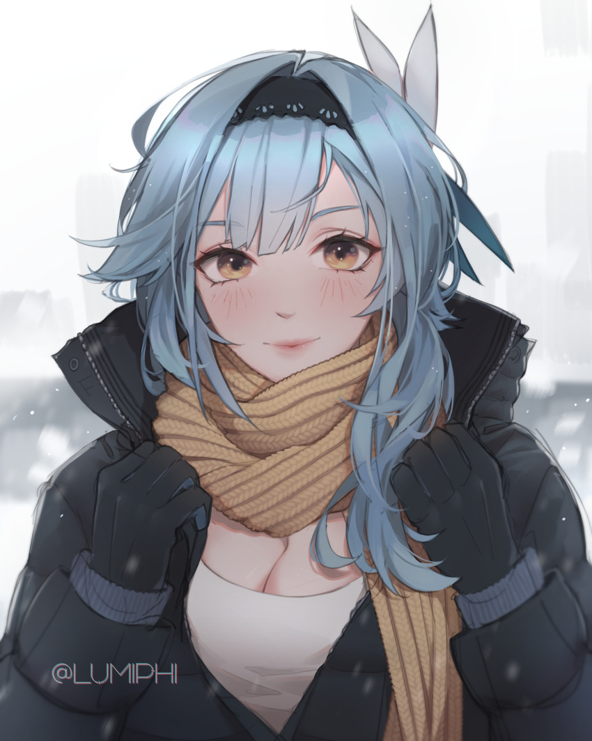1girl absurdres artist_name bangs blue_hair blunt_bangs blush breasts casual cleavage coat eula_lawrence eyelashes genshin_impact hairband highres jacket lips long_sleeves looking_at_viewer lumiphi medium_breasts medium_hair scarf smile solo winter_clothes winter_coat yellow_eyes yellow_scarf