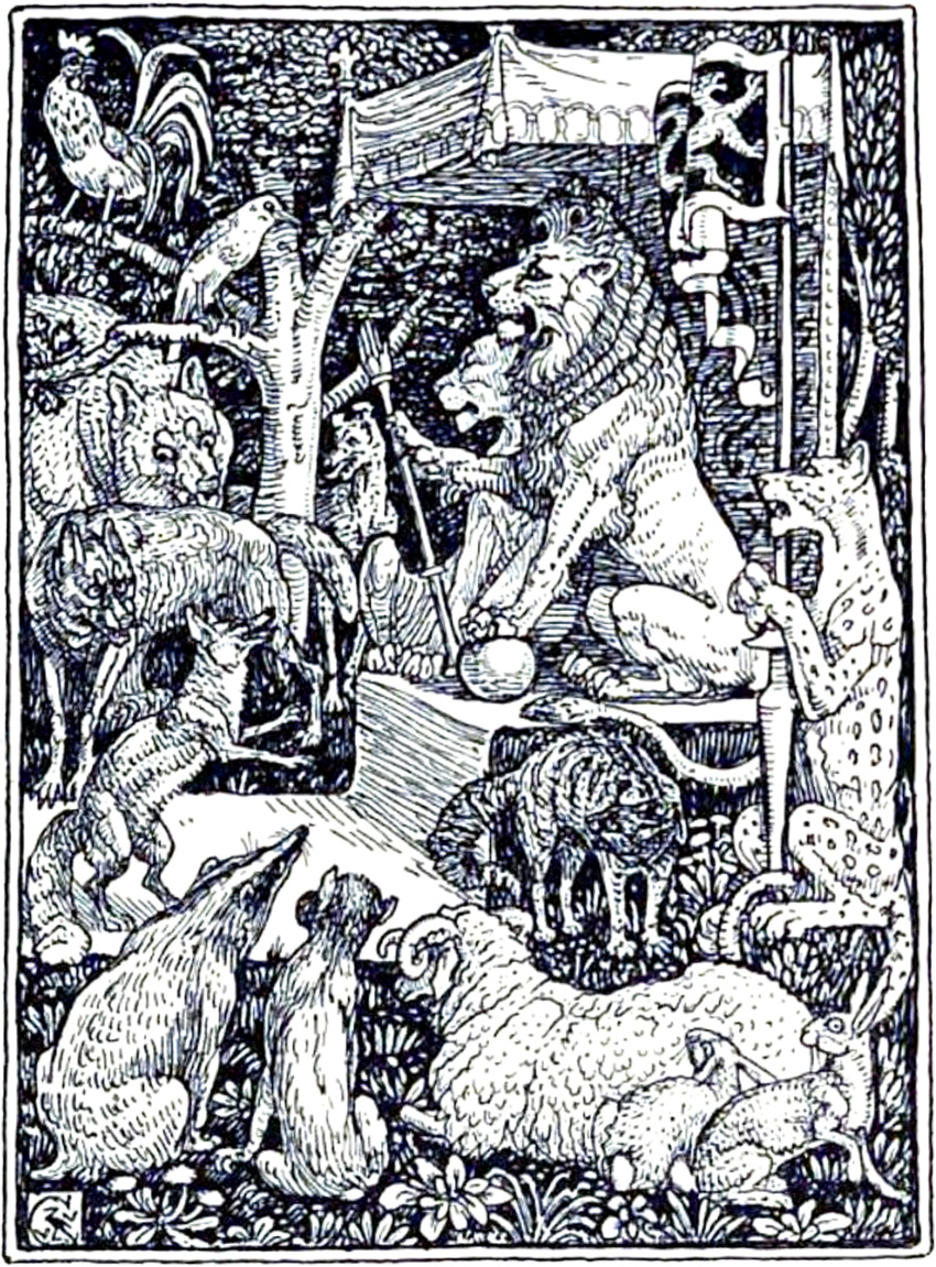 1897 19th_century absurd_res ambiguous_gender ancient_furry_art ape avian awning badger belin bird black_and_white bovid bruin canid canine canis caprine chanteclere chicken cointereau curtise domestic_cat domestic_dog felid feline felis female feral flag fox fur galliform gallus_(genus) grinbert group haplorhine hare hi_res holding_object horn king king_noble kyward lagomorph laprel large_group leporid lion looking_at_another looking_up male mammal mane monochrome mustelid musteline nude open_mouth outside pantherine phasianid plant primate public_domain quadruped queen queen_fiere rabbit reynard_the_fox royalty scepter semi-anthro short_tail sitting spots spotted_body spotted_fur standing tibert traditional_media_(artwork) tree ursid walter_crane wolf ysengrin