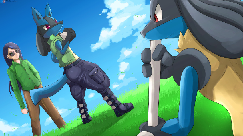 absurd_res bone_rush clothing fan_character field fight grassy_field hi_res human kaya louis lucario male mammal nintendo pok&eacute;mon pok&eacute;mon_(species) video_games winick-lim