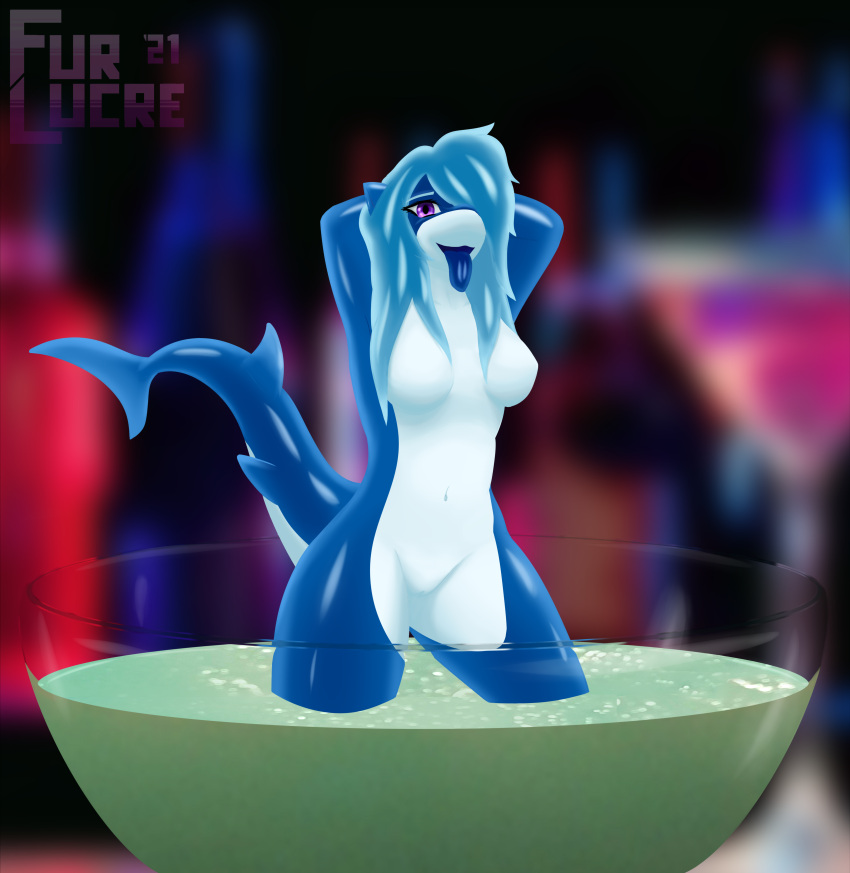 absurd_res anthro bedroom_eyes belly beverage big_butt blue_hair breasts butt candy curvy_figure dessert detailed_background eyebrows eyelashes female fish food front_view fur-lucre genitals goo_creature gummy_(disambiguation) gummy_(food) gummy_shark hair hi_res humanoid_genitalia invalid_tag looking_at_viewer marine narrowed_eyes navel non-mammal_breasts nude open_mouth purple_eyes pussy seductive shaded shark shark_gummy signature smile solo standing thick_tail thick_thighs tongue tongue_out wide_hips