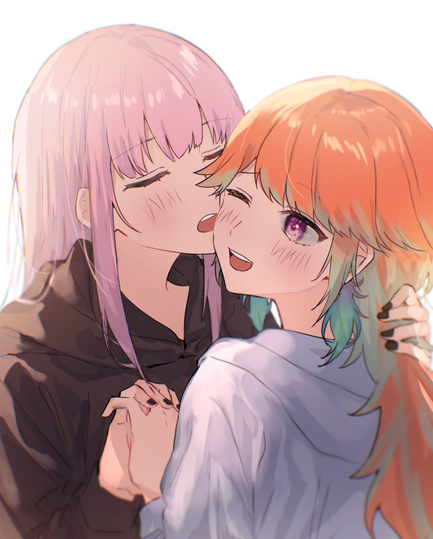 2girls black_hoodie black_nails blush closed_eyes eyebrows_visible_through_hair highres holding_hand hololive hololive_english hood hood_down hoodie itagaku mori_calliope multiple_girls one_eye_closed open_mouth orange_hair purple_hair takanashi_kiara tongue upper_teeth virtual_youtuber white_hoodie yuri