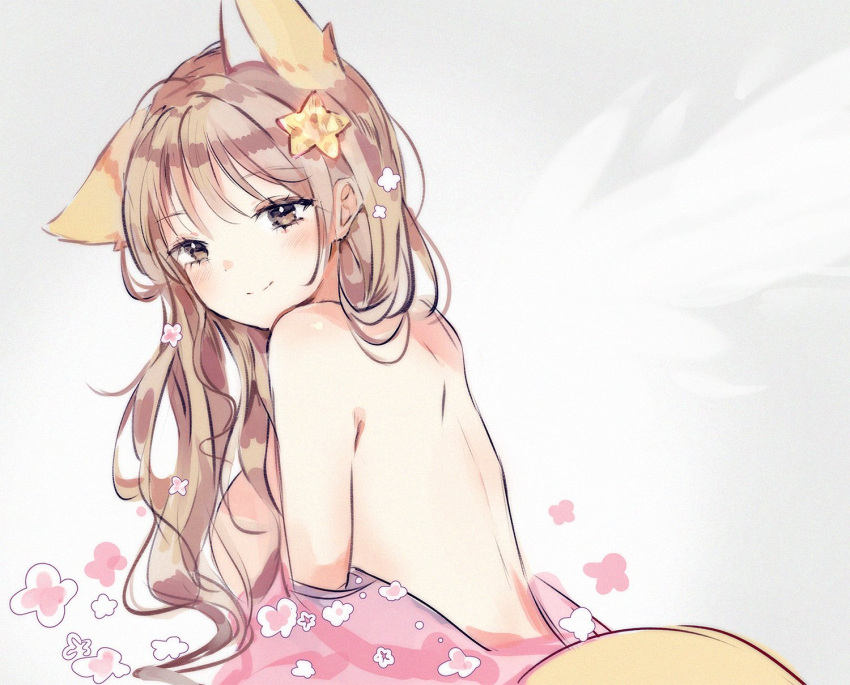 1girl animal_ears annytf anyuu bare_back brown_eyes brown_hair commentary extra_ears fox_ears fox_tail hair_ornament highres indie_virtual_youtuber long_hair looking_at_viewer noise pink_shirt shirt smile solo star_(symbol) star_hair_ornament symbol_commentary tail upper_body