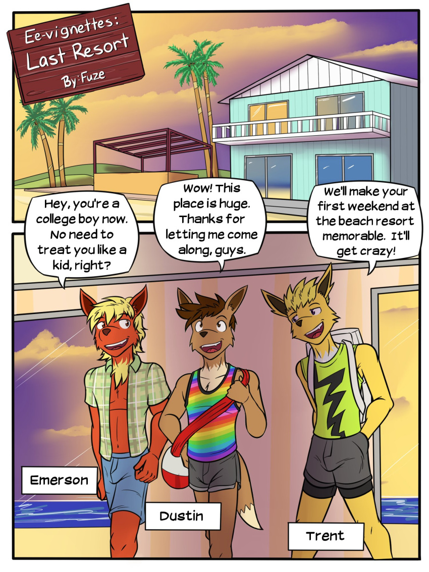 anthro anthrofied backpack beach bottomwear clothed clothing comic dialogue dustin_(fuze) eevee eeveelution emerson_(fuze) english_text flareon fully_clothed fuze hands_in_pockets hi_res hotpants jolteon male multicolored_clothing multicolored_shirt multicolored_tank_top multicolored_topwear navel nintendo open_clothing open_shirt open_topwear palm_tree plant pockets pok&eacute;mon pok&eacute;mon_(species) pok&eacute;morph rainbow_clothing rainbow_shirt rainbow_tank_top rainbow_topwear seaside shirt shorts tank_top text topwear tree trent_(fuze) trio video_games