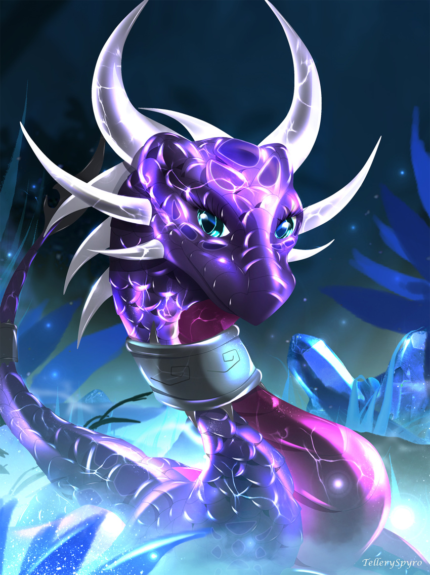 2021 activision blue_eyes claws cynder digital_media_(artwork) dragon eyelashes female feral hi_res horn legend_of_spyro looking_at_viewer portrait purple_body purple_scales scales scalie smile solo spines spyro_the_dragon telleryspyro video_games western_dragon wings