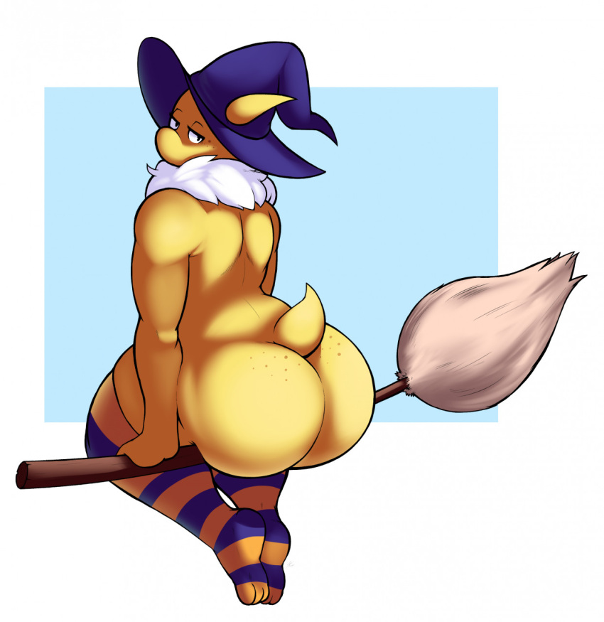 big_butt broom broom_riding butt cleaning_tool clothing digitalpelican freckles freckles_on_butt girly hat headgear headwear hi_res hypno_(pok&eacute;mon) legwear looking_back male mostly_nude neck_tuft nintendo pattern_clothing pattern_legwear pattern_stockings pok&eacute;mon pok&eacute;mon_(species) short_tail simple_background sitting solo stockings striped_clothing striped_legwear striped_stockings stripes tuft video_games witch_hat yellow_body