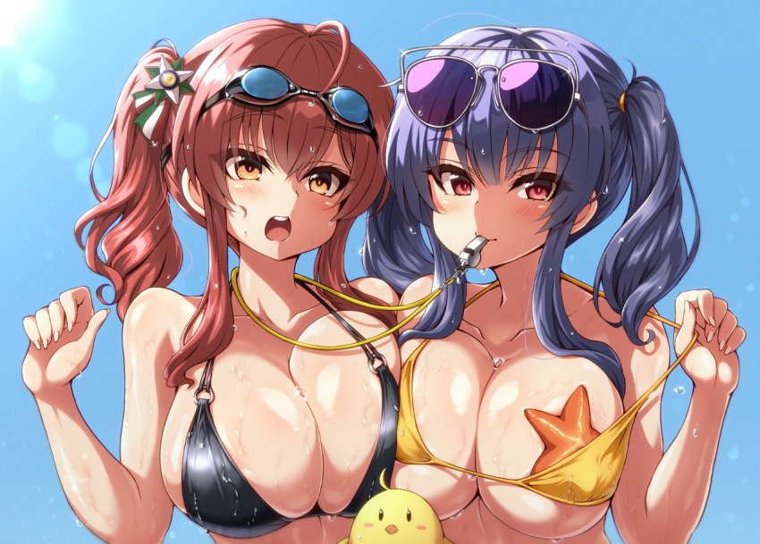 2girls asymmetrical_docking azur_lane bikini black_bikini blue_sky breast_press breasts commentary_request convenient_censoring eyebrows_visible_through_hair goggles goggles_on_head hiraga_daidai italian_flag large_breasts long_hair looking_at_viewer manjuu_(azur_lane) multi-strapped_bikini multiple_girls multiple_straps o-ring o-ring_bikini official_alternate_costume open_mouth orange_eyes pola_(azur_lane) pola_(seaside_coincidence)_(azur_lane) pulled_by_self purple_eyes purple_hair red_hair side_ponytail skindentation sky starfish strap_pull swimsuit twintails upper_body upper_teeth wet wet_clothes whistle whistle_around_neck yellow_bikini zara_(azur_lane) zara_(poolside_coincidence)_(azur_lane)