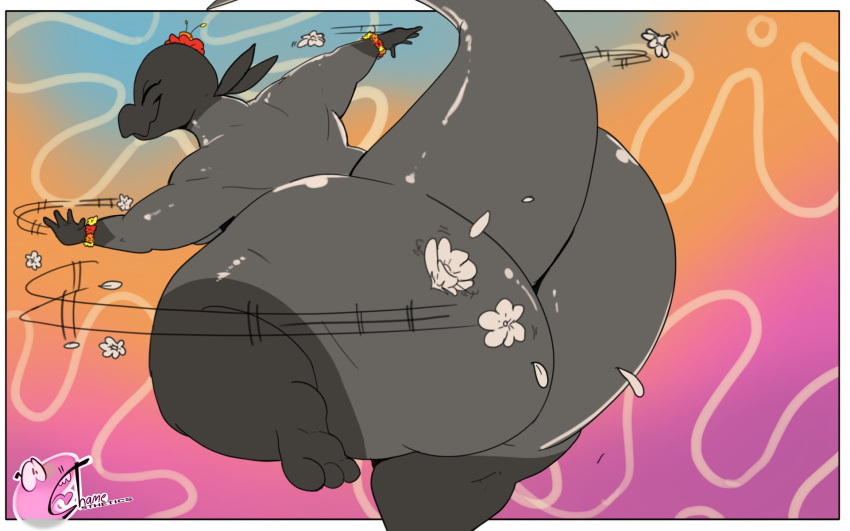 anthro big_butt breasts butt curvy_figure dancing female flower flower_crown flower_petals glistening glistening_body hi_res huge_butt liz_(eye_moisturizer) nintendo nude overweight overweight_anthro overweight_female petals plant pok&eacute;mon pok&eacute;mon_(species) reptile salandit scalie shamelesss smile solo thick_tail thick_thighs video_games wide_hips