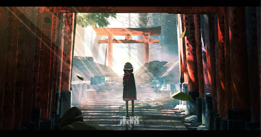 1other absurdres alone00117 ambiguous_gender black_coat black_legwear coat dappled_sunlight halo hat highres leaf moss multiple_torii original outdoors rubble scenery shadow solo standing sunlight thighhighs torii tree wide_shot