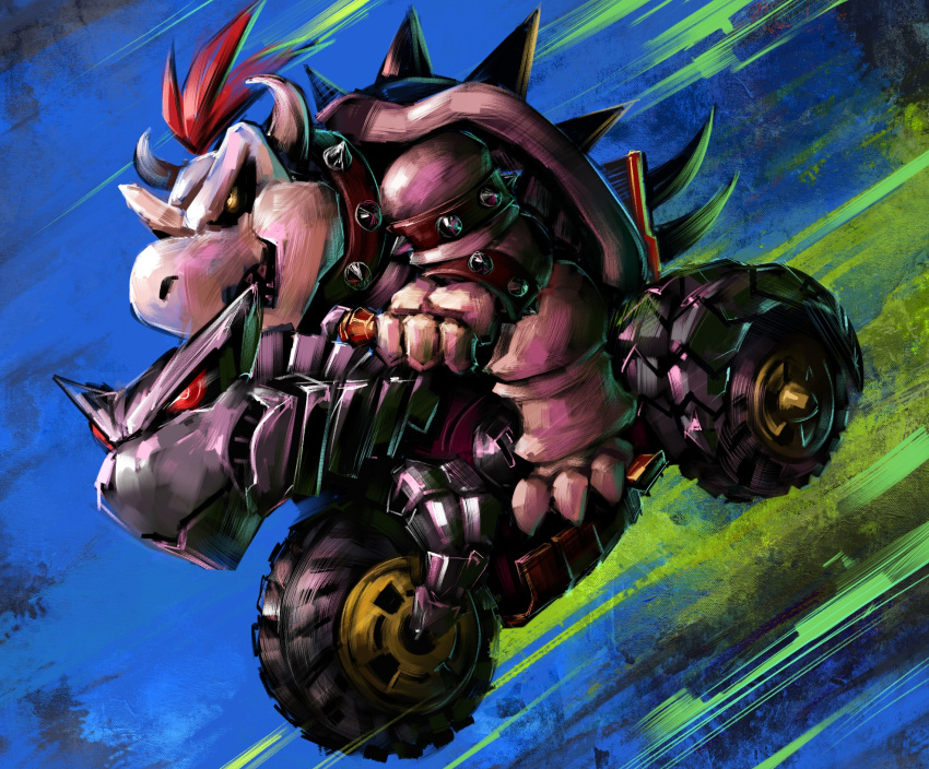 1boy bowser bracelet claws commentary disutihada driving dry_bowser from_side glowing glowing_eye ground_vehicle highres horns jewelry male_focus mario_(series) mario_kart motor_vehicle motorcycle multicolored multicolored_background on_motorcycle open_mouth red_hair riding sharp_teeth short_hair solo spiked_armlet spiked_bracelet spiked_shell spikes teeth turtle_shell yellow_eyes